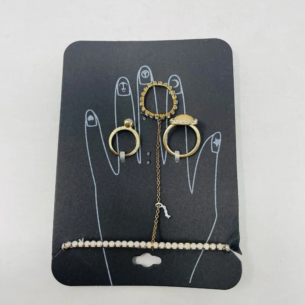 G by Gennaro Womens‎ Size 7 Gold Tone Stretch Bracelet with Ring Chain & 2 Rings